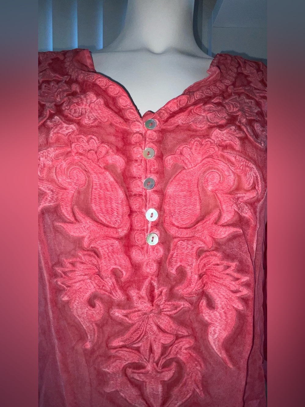 Impressions Coral Embroidered Button-Up Tunic